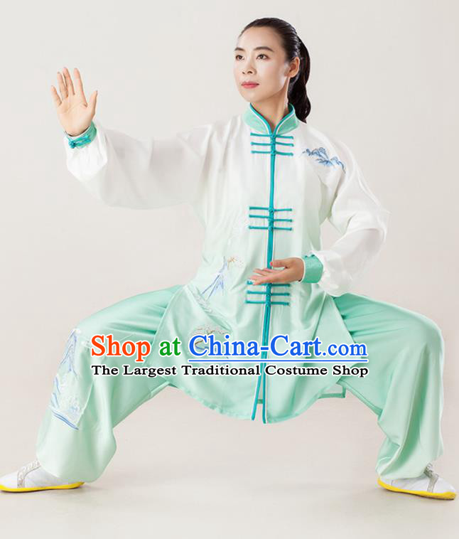 Professional Chinese Wushu Performance Embroidered Light Green Uniforms Tai Chi Competition Three Pieces Suits Martial Arts Clothing Kung Fu Costumes