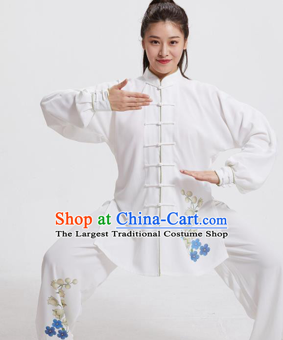 Chinese Tai Chi Training Printing Flowers White Uniforms Adults Kung Fu Performance Clothing Martial Arts Garment Costumes