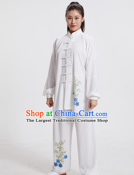 Chinese Tai Chi Training Printing Flowers White Uniforms Adults Kung Fu Performance Clothing Martial Arts Garment Costumes