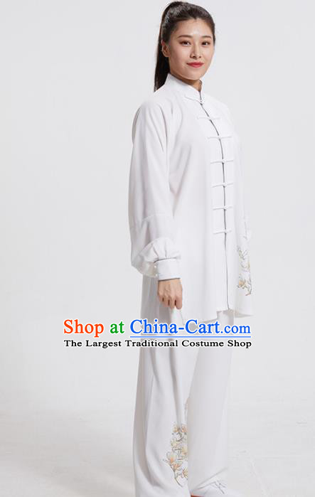 Chinese Martial Arts Garment Costumes Tai Chi Training Printing Mangnolia White Uniforms Adults Kung Fu Performance Clothing