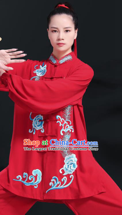 Professional Chinese Tai Chi Performance Costumes Kung Fu Wushu Embroidered Uniforms Tai Ji Competition Clothing Martial Arts Red Outfits