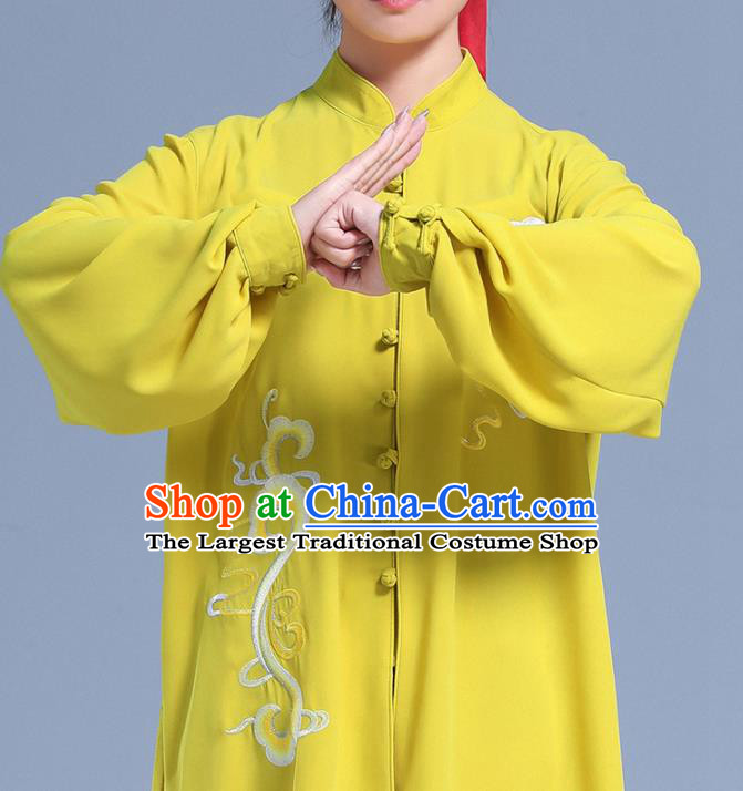 Professional Chinese Tai Ji Clothing Martial Arts Embroidered Yellow Outfits Tai Chi Performance Costumes Kung Fu Wushu Competition Uniforms