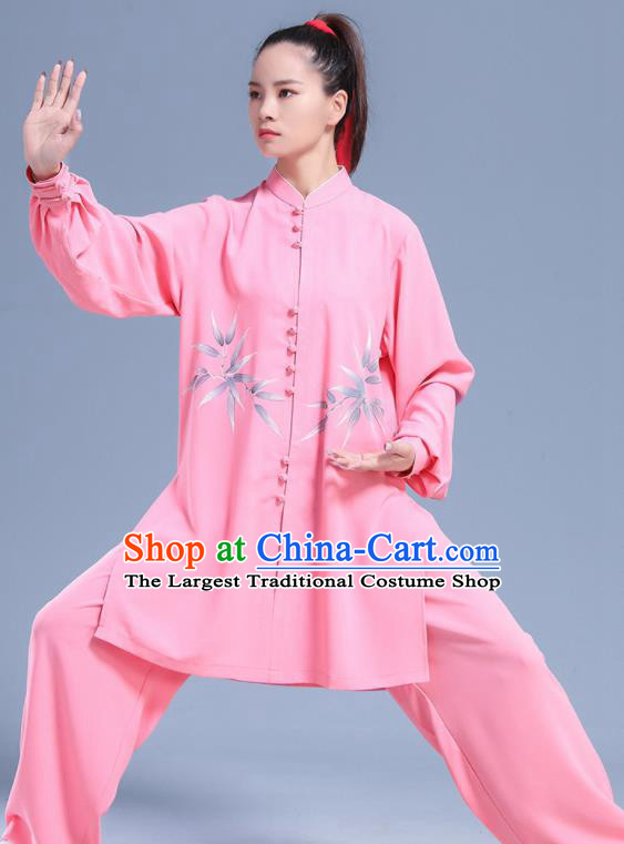 Professional Chinese Tai Ji Competition Clothing Martial Arts Printing Bamboo Leaf Pink Outfits Tai Chi Costumes Kung Fu Performance Uniforms