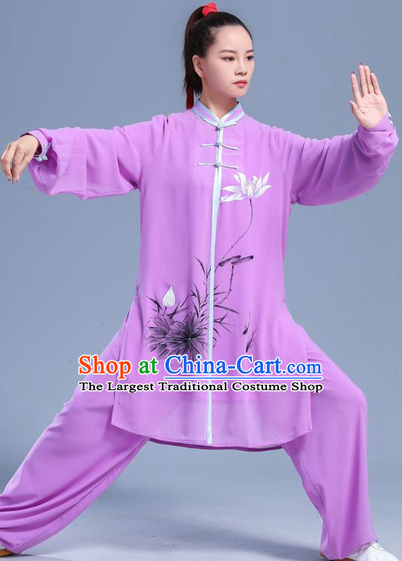Professional Chinese Kung Fu Performance Uniforms Tai Ji Competition Clothing Martial Arts Printing Lotus Purple Outfits Tai Chi Costumes