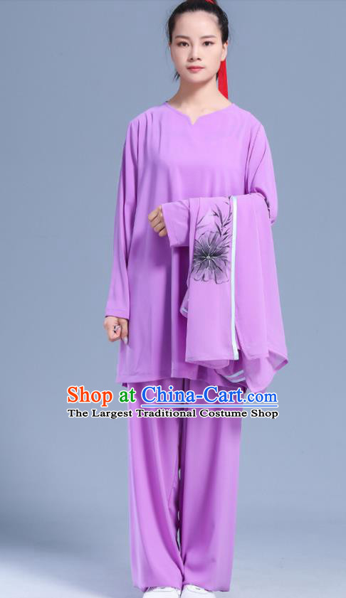 Professional Chinese Kung Fu Performance Uniforms Tai Ji Competition Clothing Martial Arts Printing Lotus Purple Outfits Tai Chi Costumes