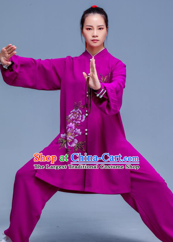 Professional Chinese Tai Ji Sword Performance Clothing Martial Arts Printing Peony Purple Outfits Tai Chi Training Costumes Kung Fu Uniforms