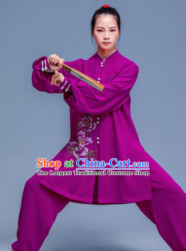 Professional Chinese Tai Ji Sword Performance Clothing Martial Arts Printing Peony Purple Outfits Tai Chi Training Costumes Kung Fu Uniforms
