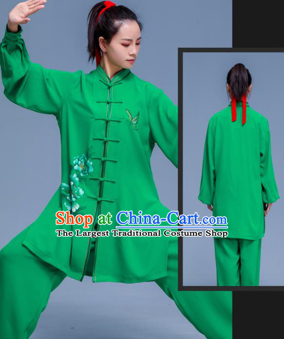 Professional Chinese Tai Chi Training Costumes Kung Fu Uniforms Tai Ji Sword Performance Clothing Martial Arts Printing Peony Green Outfits