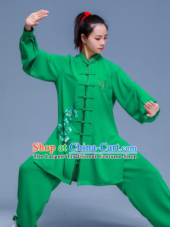 Professional Chinese Tai Chi Training Costumes Kung Fu Uniforms Tai Ji Sword Performance Clothing Martial Arts Printing Peony Green Outfits