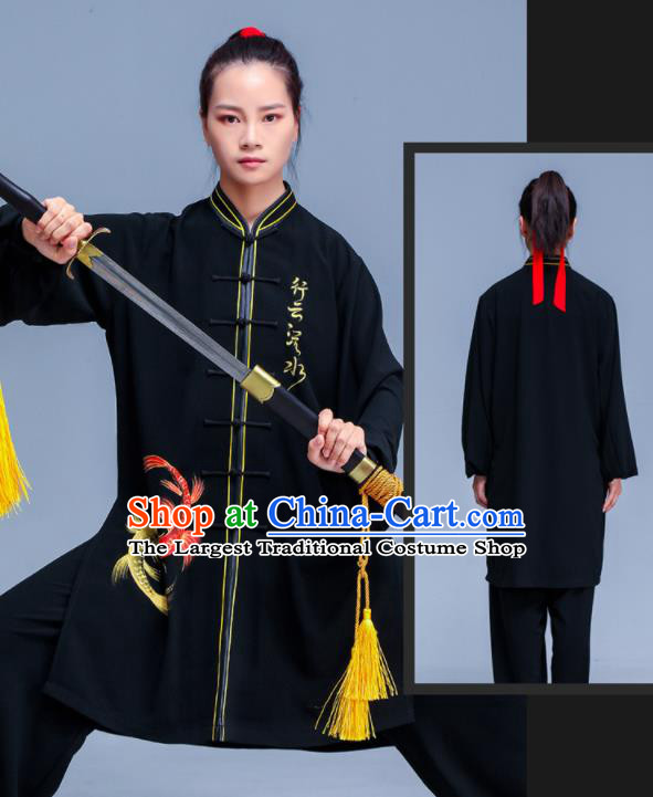 Professional Chinese Tai Ji Printing Fish Black Outfits Tai Chi Training Uniforms Kung Fu Costumes Martial Arts Performance Clothing