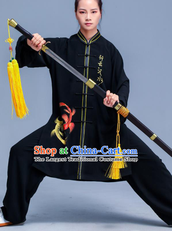 Professional Chinese Tai Ji Printing Fish Black Outfits Tai Chi Training Uniforms Kung Fu Costumes Martial Arts Performance Clothing