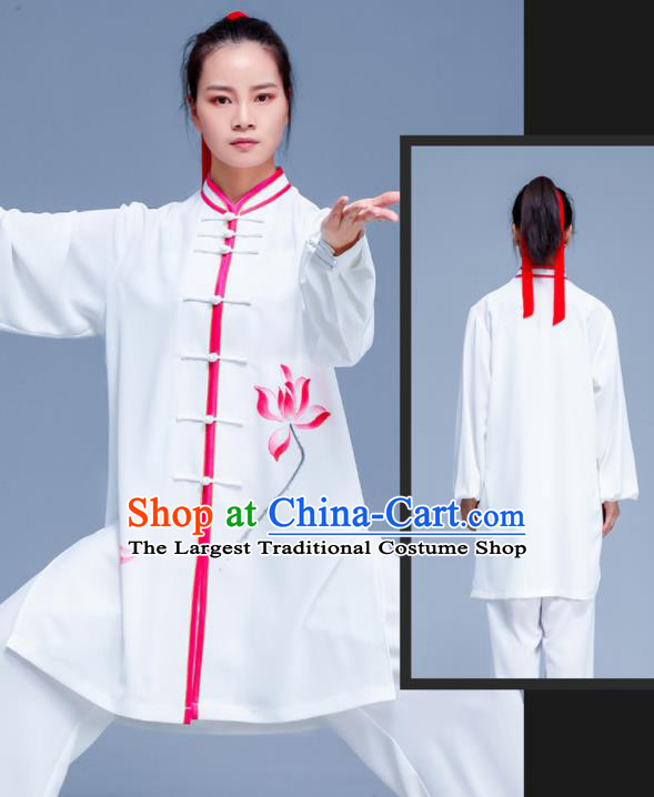 Professional Chinese Martial Arts Performance Clothing Tai Ji Printing Lotus White Outfits Tai Chi Training Uniforms Kung Fu Costumes