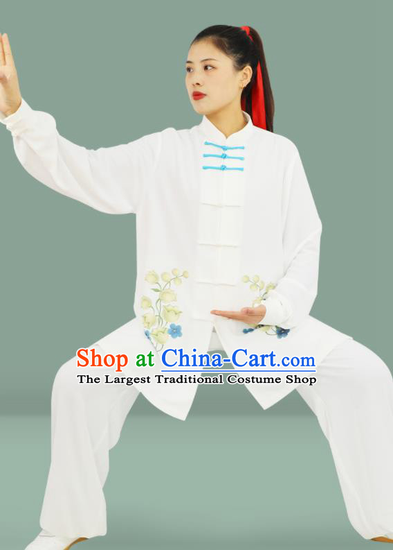 Professional Chinese Wushu Performance Printing Convallaria White Uniforms Tai Ji Competition Suits Martial Arts Clothing Kung Fu Tai Chi Costumes