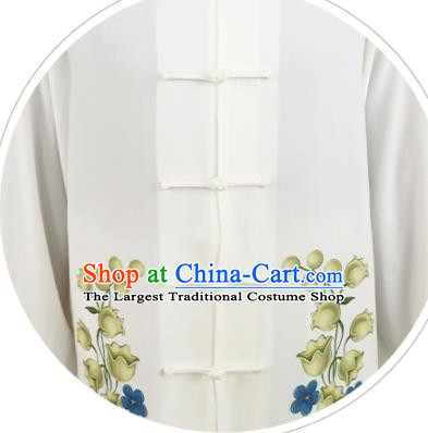 Professional Chinese Wushu Performance Printing Convallaria White Uniforms Tai Ji Competition Suits Martial Arts Clothing Kung Fu Tai Chi Costumes