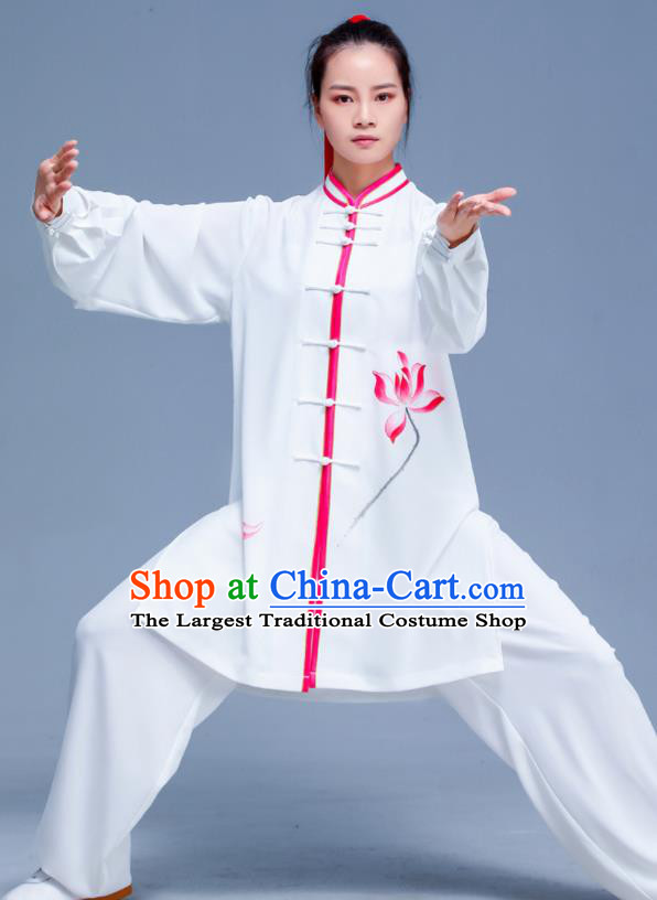Professional Chinese Martial Arts Performance Clothing Tai Ji Printing Lotus White Outfits Tai Chi Training Uniforms Kung Fu Costumes