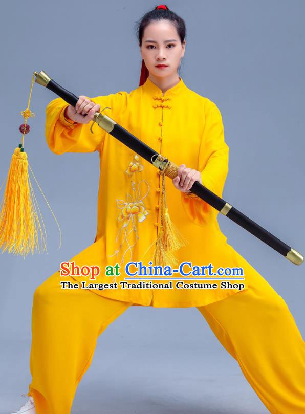 Professional Chinese Tai Chi Training Uniforms Kung Fu Yellow Outfits Martial Arts Embroidered Clouds Clothing Tai Ji Performance Costumes
