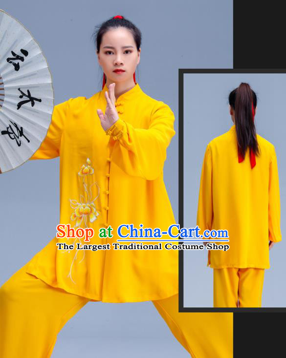 Professional Chinese Tai Chi Training Uniforms Kung Fu Yellow Outfits Martial Arts Embroidered Clouds Clothing Tai Ji Performance Costumes