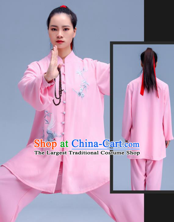 Professional Chinese Tai Ji Performance Costumes Tai Chi Training Uniforms Kung Fu Pink Outfits Martial Arts Embroidered Plum Clothing