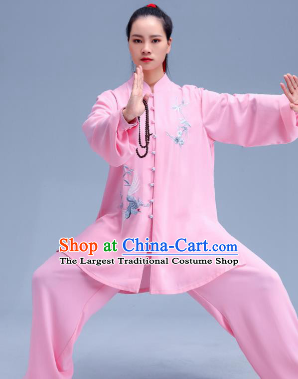 Professional Chinese Tai Ji Performance Costumes Tai Chi Training Uniforms Kung Fu Pink Outfits Martial Arts Embroidered Plum Clothing