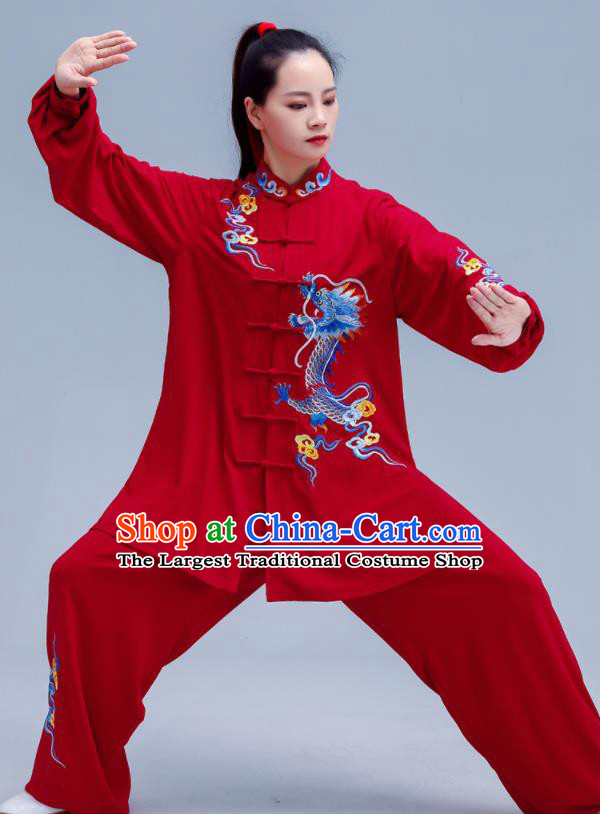 Professional Chinese Martial Arts Embroidered Dragon Clothing Tai Ji Competition Costumes Tai Chi Training Red Uniforms Kung Fu Performance Outfits