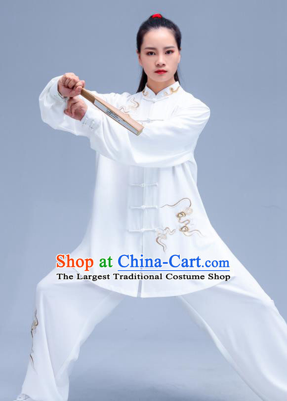 Professional Chinese Kung Fu Performance Outfits Martial Arts Embroidered Clouds Clothing Tai Ji Competition Costumes Tai Chi Training White Uniforms