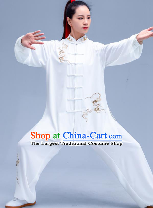 Professional Chinese Kung Fu Performance Outfits Martial Arts Embroidered Clouds Clothing Tai Ji Competition Costumes Tai Chi Training White Uniforms