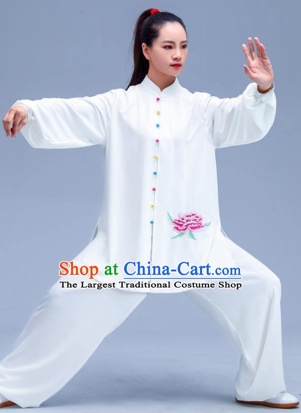 Professional Chinese Tai Chi Training White Uniforms Kung Fu Performance Outfits Martial Arts Embroidered Peony Clothing Zen Costumes