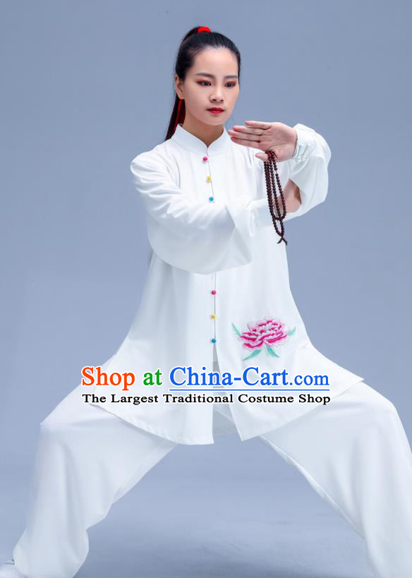 Professional Chinese Tai Chi Training White Uniforms Kung Fu Performance Outfits Martial Arts Embroidered Peony Clothing Zen Costumes
