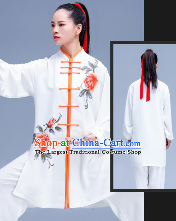 Chinese Kung Fu Hand Painting Rose White Outfits Martial Arts Competition Clothing Tai Ji Performance Costumes Tai Chi Training Uniforms