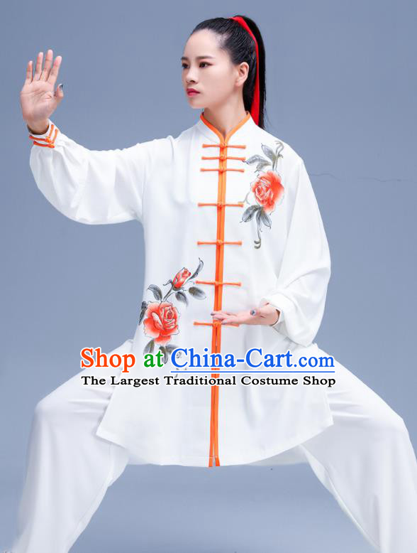 Chinese Kung Fu Hand Painting Rose White Outfits Martial Arts Competition Clothing Tai Ji Performance Costumes Tai Chi Training Uniforms
