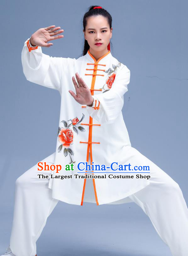 Chinese Kung Fu Hand Painting Rose White Outfits Martial Arts Competition Clothing Tai Ji Performance Costumes Tai Chi Training Uniforms