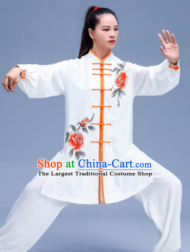 Chinese Kung Fu Hand Painting Rose White Outfits Martial Arts Competition Clothing Tai Ji Performance Costumes Tai Chi Training Uniforms