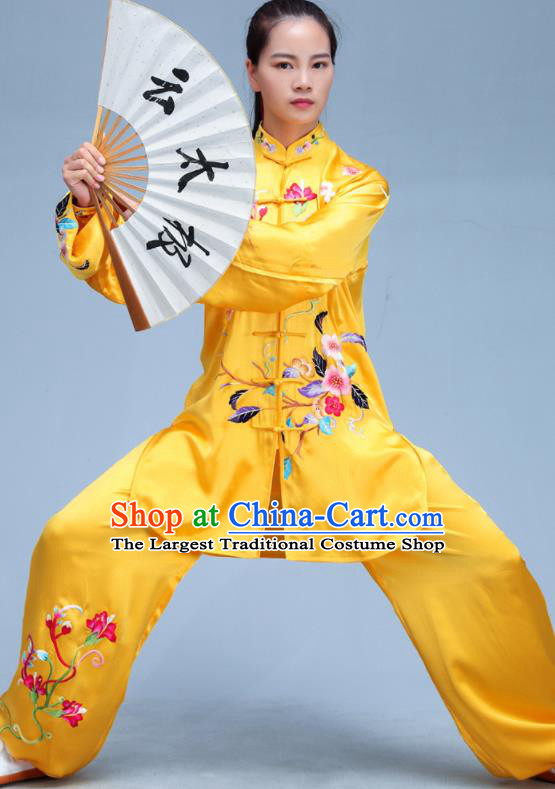 Chinese Martial Arts Embroidered Clothing Tai Ji Competition Costumes Tai Chi Training Uniforms Kung Fu Yellow Silk Outfits