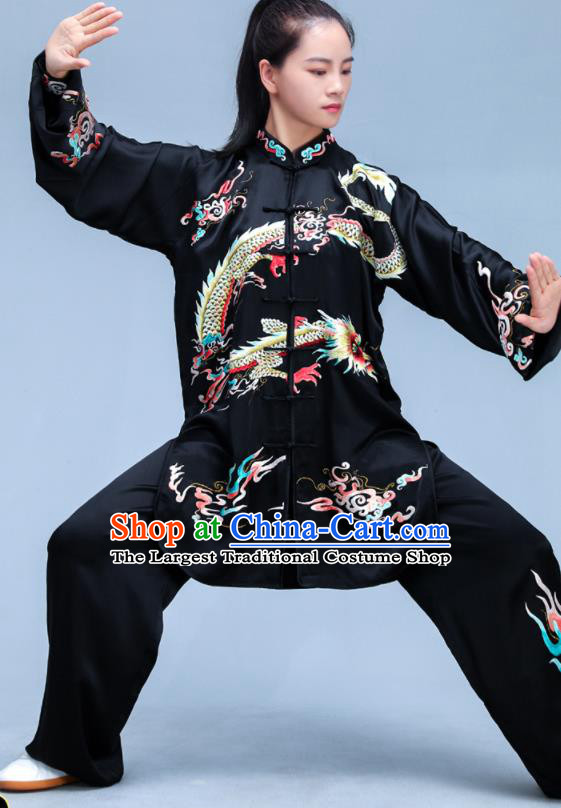 Chinese Kung Fu Training Black Silk Outfits Martial Arts Embroidered Dragon Clothing Tai Ji Competition Costumes Tai Chi Uniforms