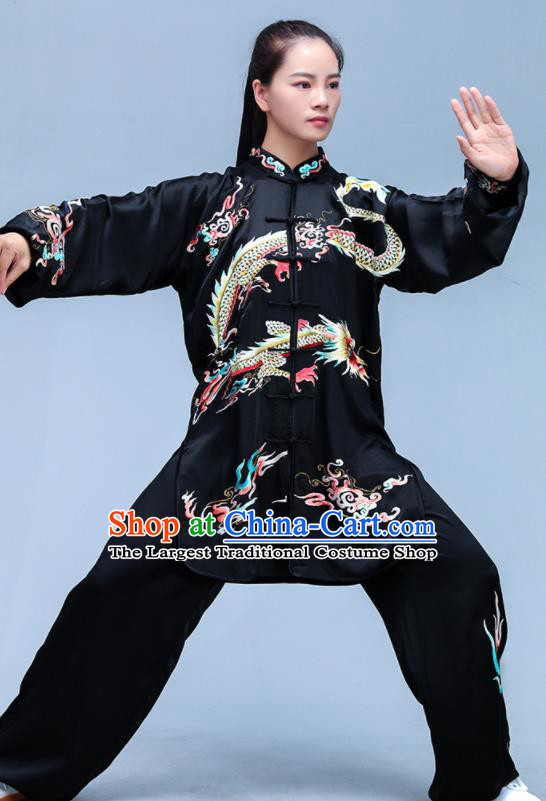 Chinese Kung Fu Training Black Silk Outfits Martial Arts Embroidered Dragon Clothing Tai Ji Competition Costumes Tai Chi Uniforms