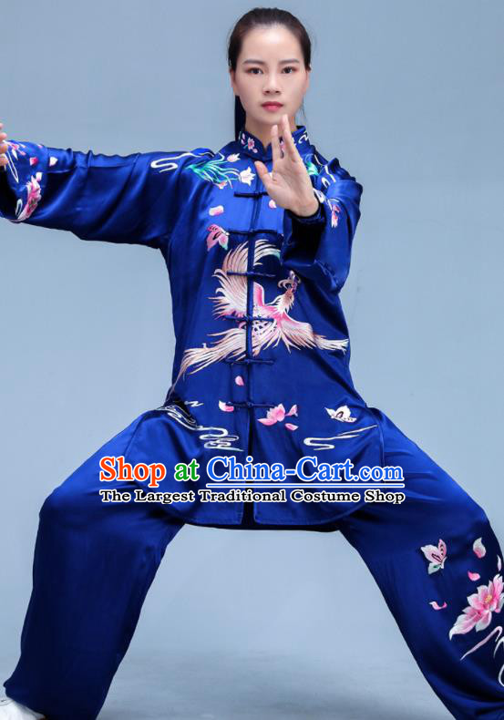 Chinese Tai Chi Uniforms Kung Fu Training Royalblue Silk Outfits Martial Arts Embroidered Phoenix Clothing Tai Ji Competition Costumes