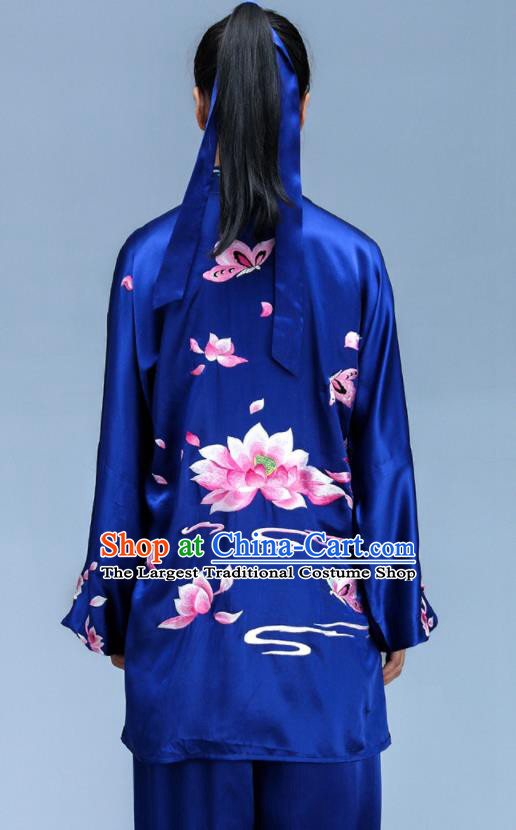 Chinese Tai Chi Uniforms Kung Fu Training Royalblue Silk Outfits Martial Arts Embroidered Phoenix Clothing Tai Ji Competition Costumes