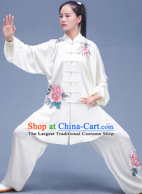 Chinese Tai Ji Competition Costumes Tai Chi Uniforms Kung Fu Training White Silk Outfits Martial Arts Painting Peony Clothing