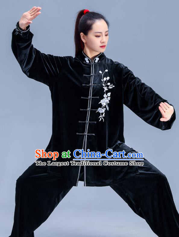 Professional Chinese Tai Ji Performance Costumes Tai Chi Training Black Pleuche Uniforms Kung Fu Outfits Martial Arts Clothing