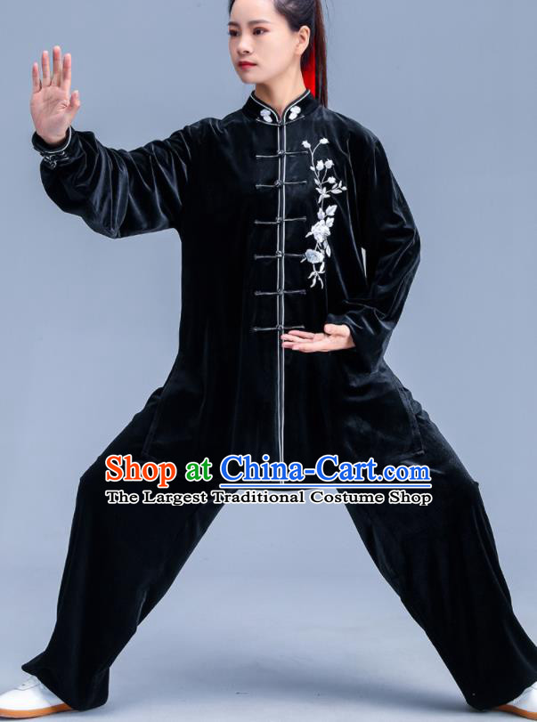 Professional Chinese Tai Ji Performance Costumes Tai Chi Training Black Pleuche Uniforms Kung Fu Outfits Martial Arts Clothing