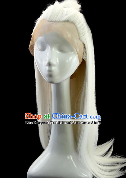 China Ancient Female Swordsman Wigs Traditional Hanfu Chignon Hairpieces Ming Dynasty Chivalrous Woman White Wig Sheath