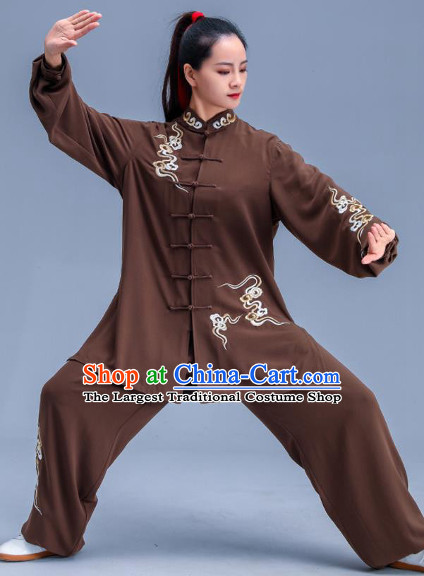 Professional Chinese Kung Fu Brown Outfits Martial Arts Embroidered Clouds Clothing Tai Ji Performance Costumes Tai Chi Training Uniforms