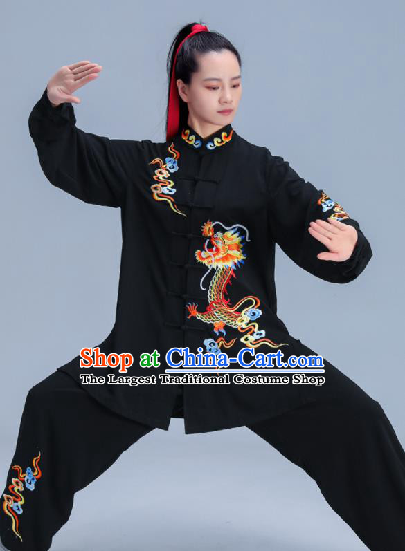 Chinese Martial Arts Embroidered Dragon Clothing Tai Ji Competition Costumes Tai Chi Training Uniforms Kung Fu Black Outfits