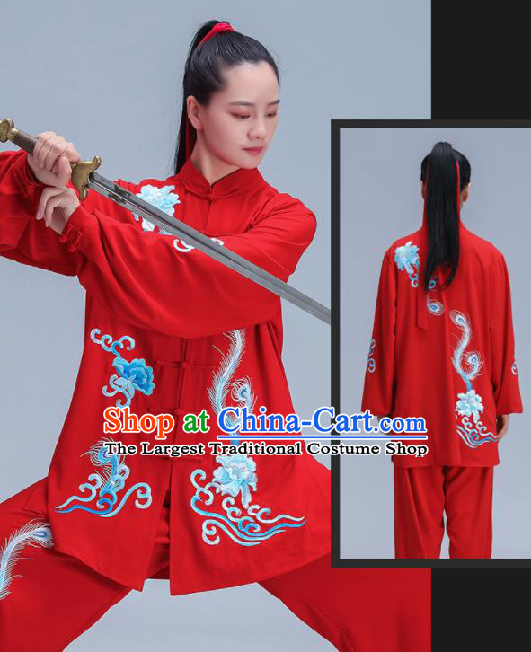 Chinese Martial Arts Clothing Kung Fu Competition Costumes Tai Chi Training Uniforms Embroidered Phoenix Peony Red Outfits