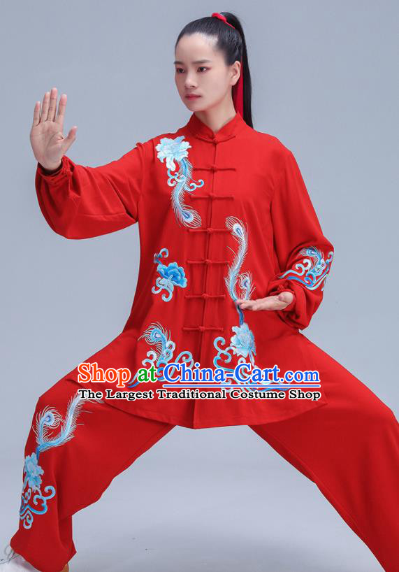 Chinese Martial Arts Clothing Kung Fu Competition Costumes Tai Chi Training Uniforms Embroidered Phoenix Peony Red Outfits