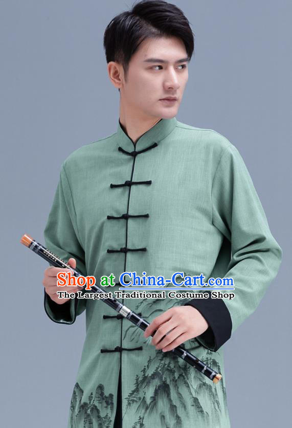 Chinese Kung Fu Painting Landscape Clothing Martial Arts Garment Costumes Tai Chi Training Green Uniforms for Men