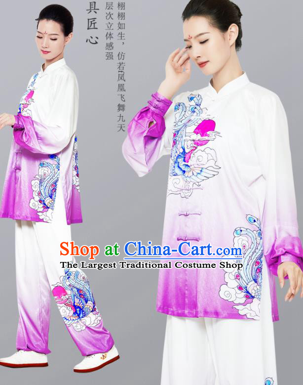 Chinese Wushu Competition Printing Phoenix Outfits Martial Arts Clothing Kung Fu Costumes Tai Chi Training Gradient Purple Uniforms