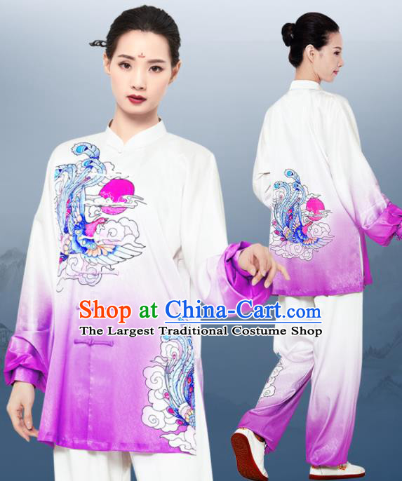 Chinese Wushu Competition Printing Phoenix Outfits Martial Arts Clothing Kung Fu Costumes Tai Chi Training Gradient Purple Uniforms
