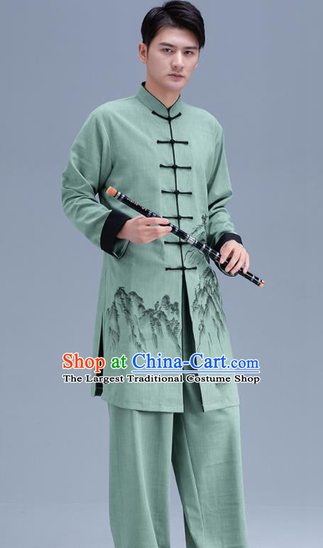 Chinese Kung Fu Painting Landscape Clothing Martial Arts Garment Costumes Tai Chi Training Green Uniforms for Men