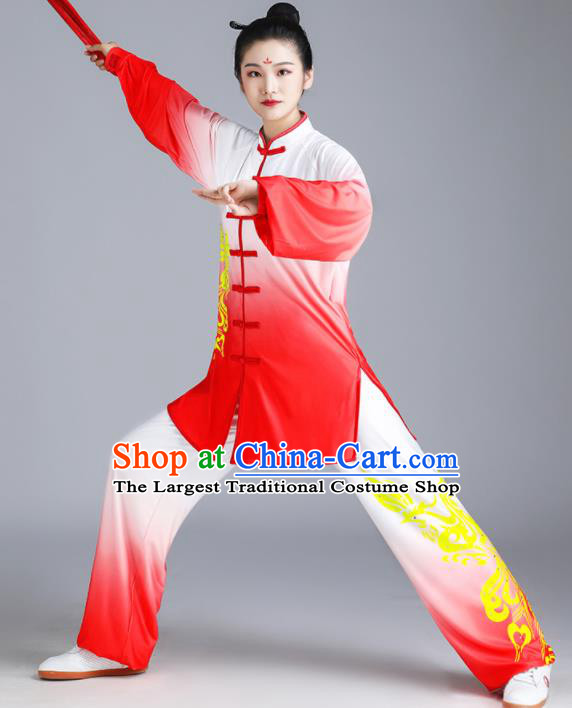 Chinese Tai Chi Training Gradient Red Uniforms Wushu Competition Printing Phoenix Outfits Martial Arts Clothing Kung Fu Costumes